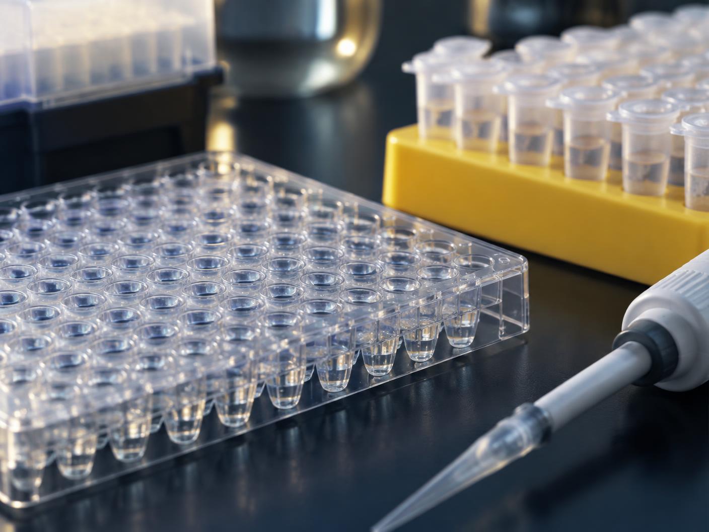 PCR plate and micropipette on a molecular bench
