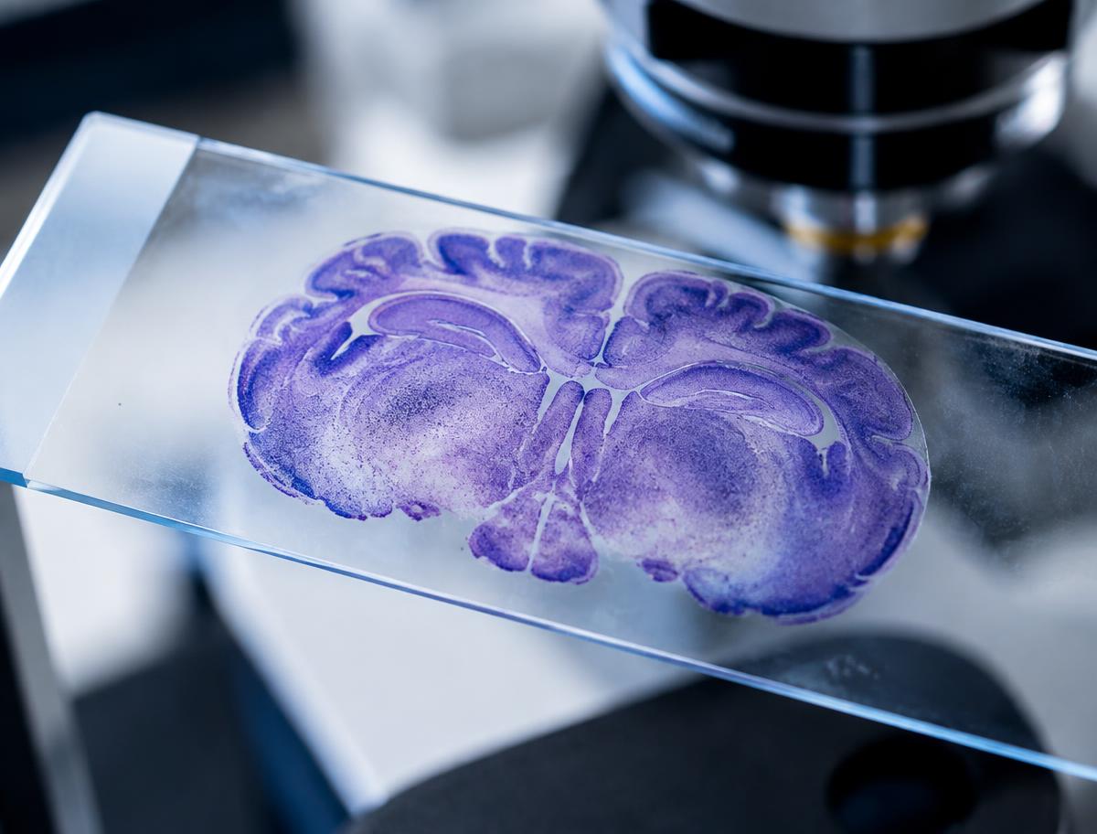 Stained brain tissue section on a glass slide